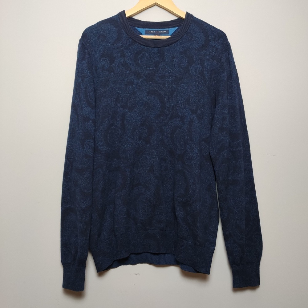 Tommy Hilfiger Paisley Jacquard Knit Crewneck Sweater Navy Blue Mens Size XL